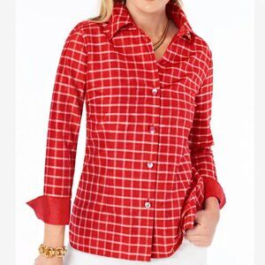 Elegant Red Checkered Women's Tattersall 100% Silk Dupioni Button Down Shirt